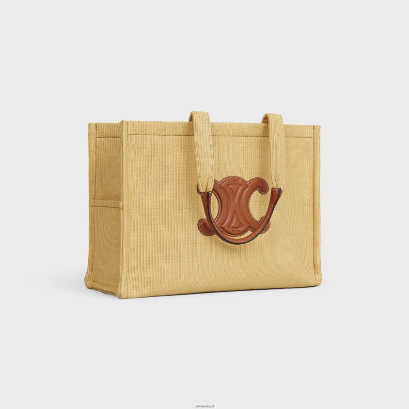 mulheres acessórios CELINE cabas tailandesas grandes em tecido com efeito ráfia e pele de bezerro natural/bronzeado T204R29