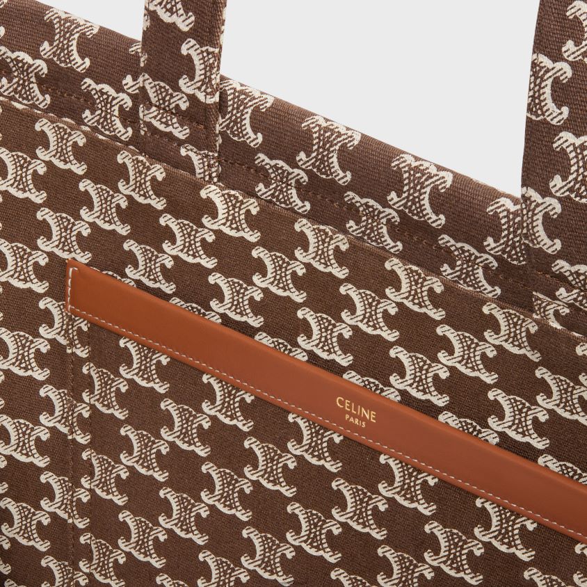 mulheres acessórios CELINE cabas tailandesas grandes em tecido com impressão em tela triomphe e couro de bezerro marrom T204R28