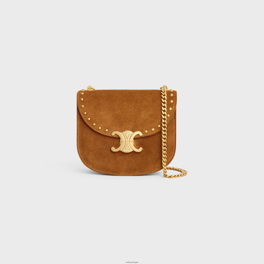 mulheres acessórios CELINE corrente besace clea em couro de bezerro camurça com tachas noz-pecã T204R169