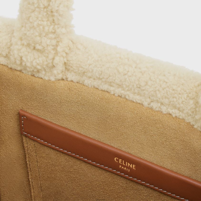 mulheres acessórios CELINE pequenas cabas tailandesas em shearling com bordados triomphe natural/bronzeado T204R252