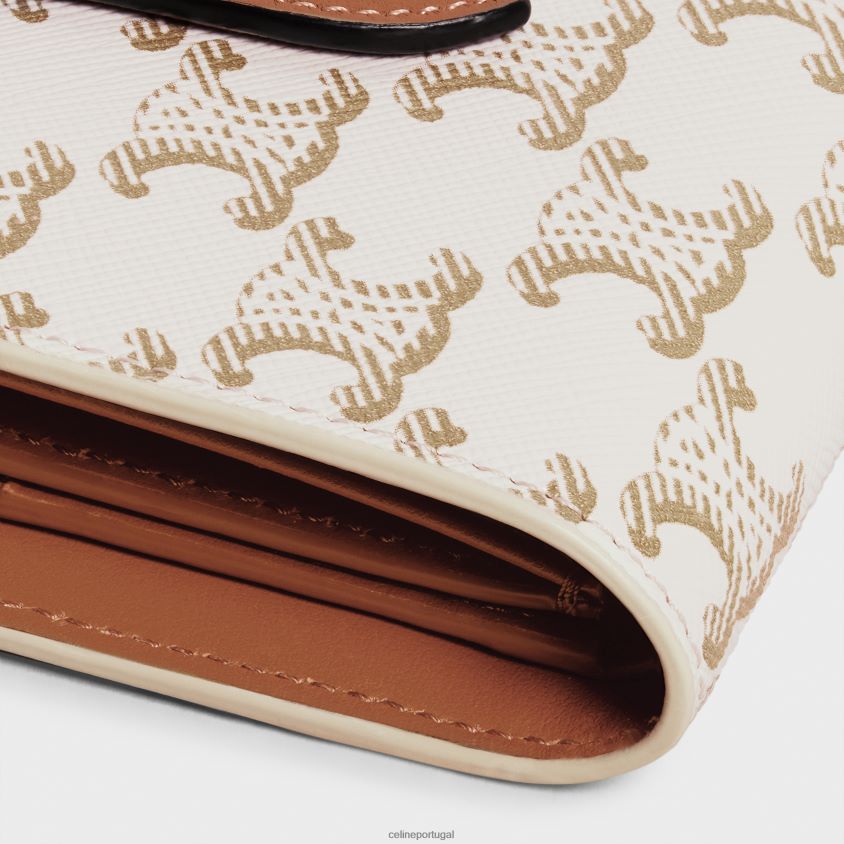 mulheres acessórios CELINE carteira com alça pequena em lona triomphe e pele de cordeiro branco/bronzeado T204R481