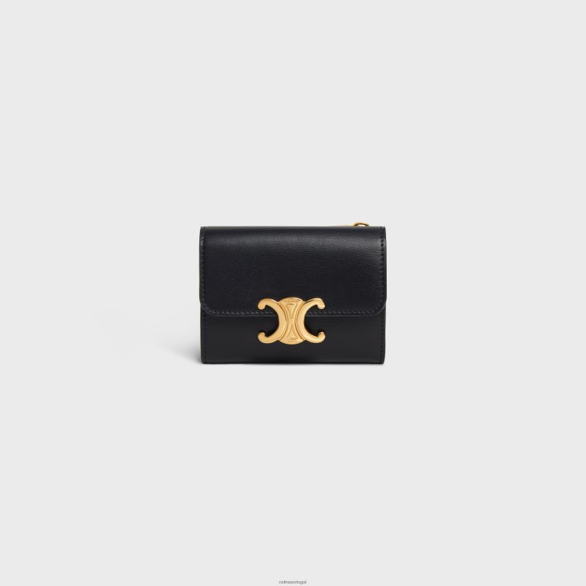 mulheres acessórios CELINE carteira compacta com moeda triomphe em couro de bezerro brilhante preto T204R407