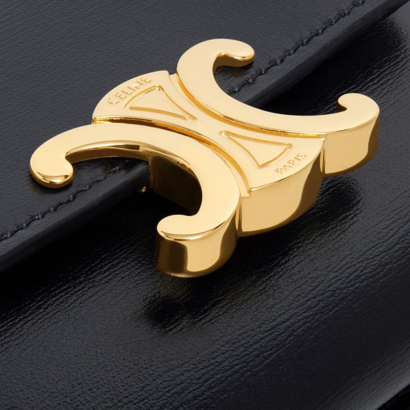 mulheres acessórios CELINE carteira compacta com moeda triomphe em couro de bezerro brilhante preto T204R407