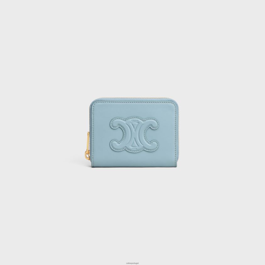 mulheres acessórios CELINE carteira compacta com zíper cuir triomphe em couro de bezerro liso azul califórnia T204R471