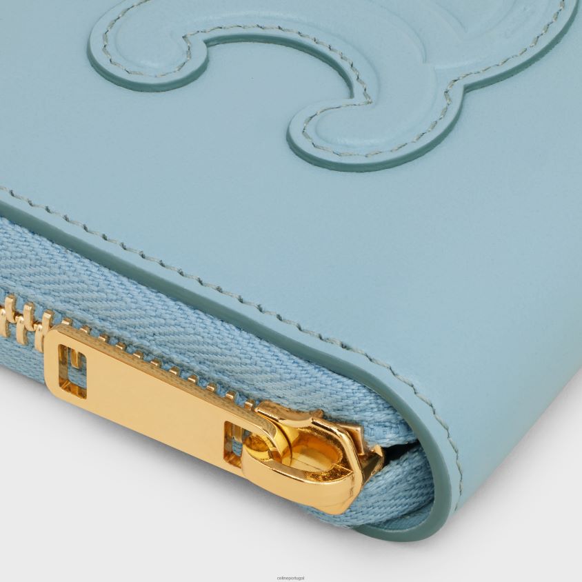 mulheres acessórios CELINE carteira compacta com zíper cuir triomphe em couro de bezerro liso azul califórnia T204R471