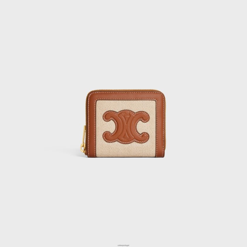 mulheres acessórios CELINE carteira compacta com zíper cuir triomphe em tecido e couro de bezerro natural/bronzeado T204R474