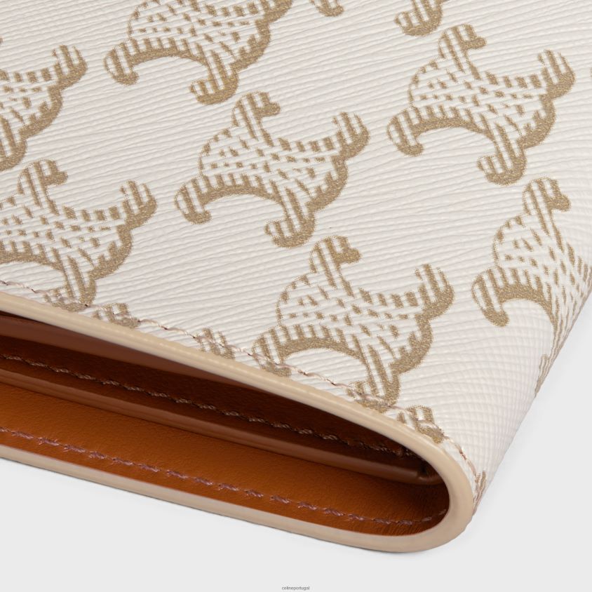 mulheres acessórios CELINE carteira de alça média em lona triomphe e pele de cordeiro branco/bronzeado T204R477