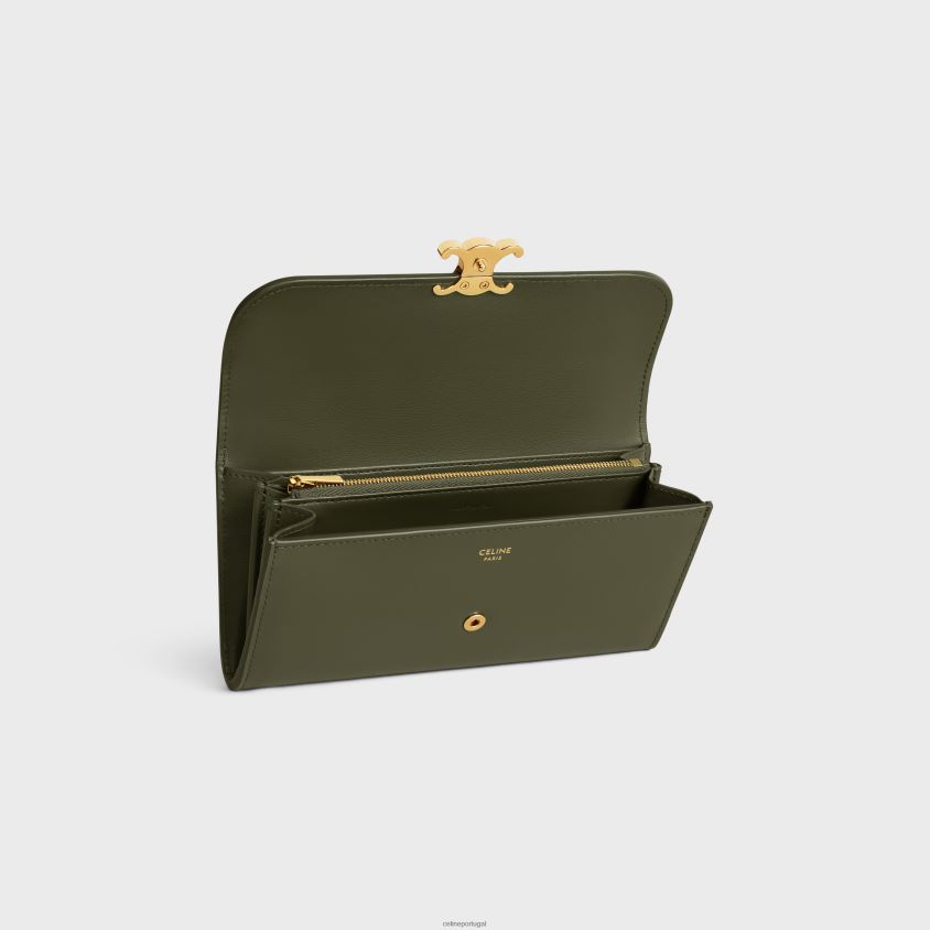 mulheres acessórios CELINE carteira grande triomphe em couro de bezerro brilhante azeitona escura T204R398