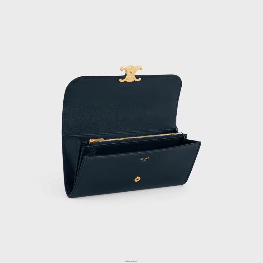 mulheres acessórios CELINE carteira grande triomphe em couro de bezerro brilhante azul-marinho T204R442