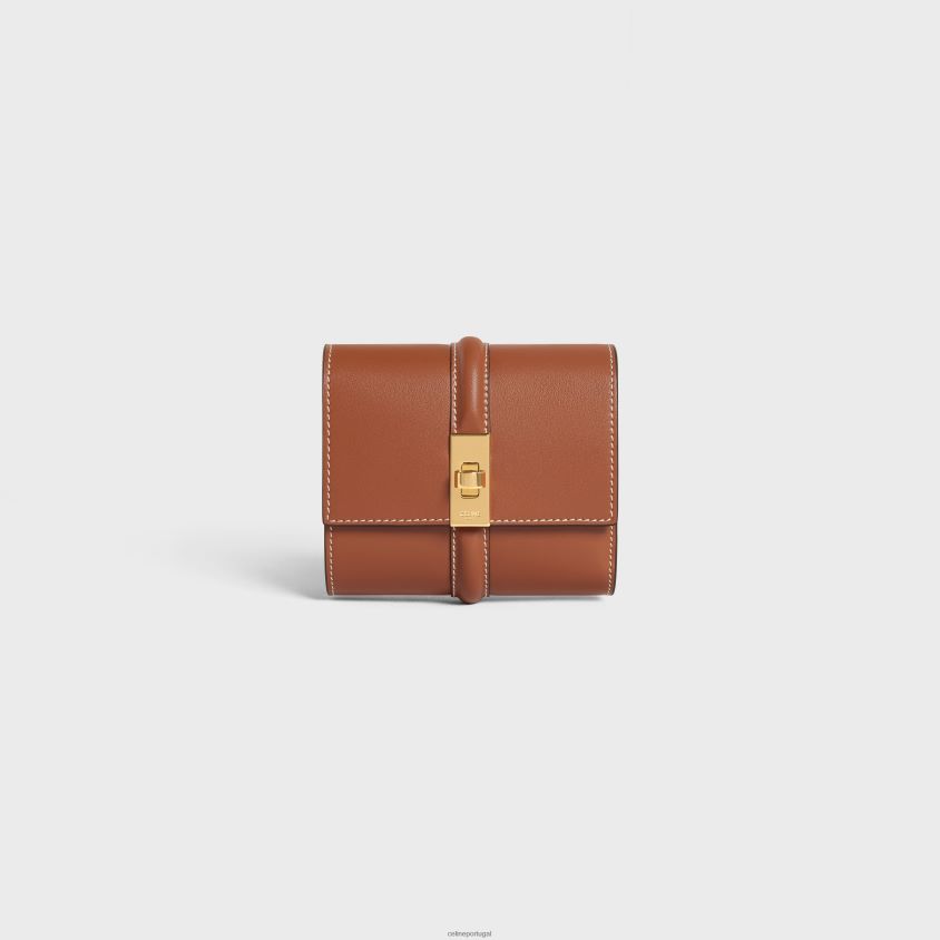 mulheres acessórios CELINE carteira pequena com três dobras 16 em couro de bezerro brilhante bronzeado T204R467