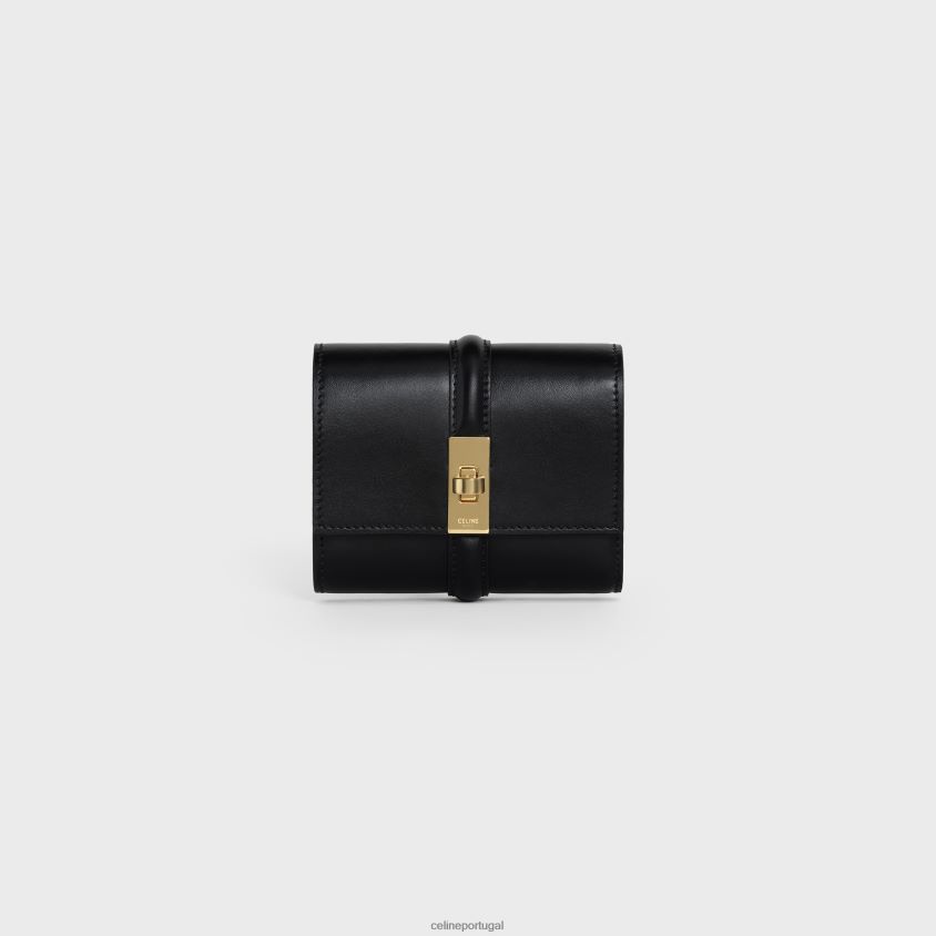 mulheres acessórios CELINE carteira pequena com três dobras 16 em couro de bezerro brilhante preto T204R466