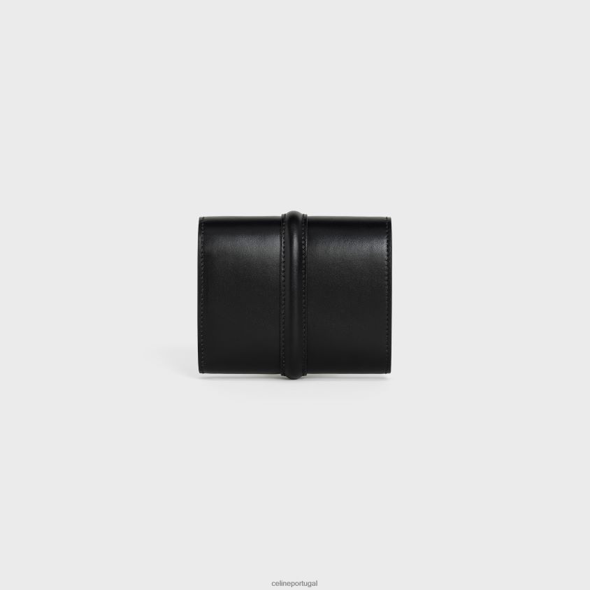 mulheres acessórios CELINE carteira pequena com três dobras 16 em couro de bezerro brilhante preto T204R466