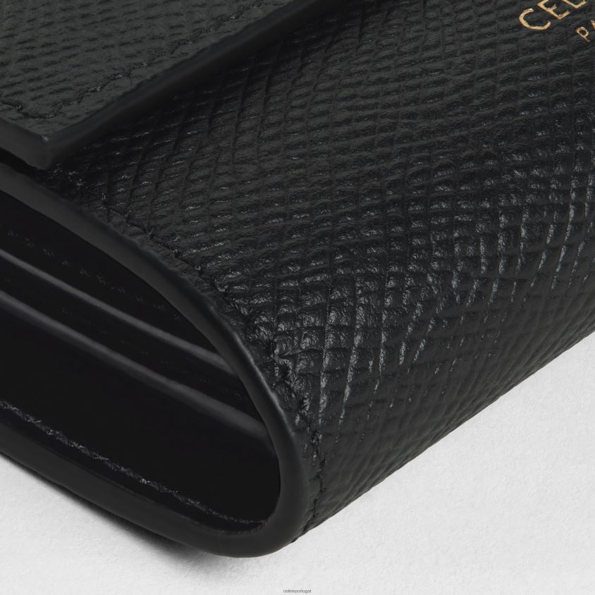 mulheres acessórios CELINE carteira pequena com três dobras em couro de bezerro granulado preto T204R482