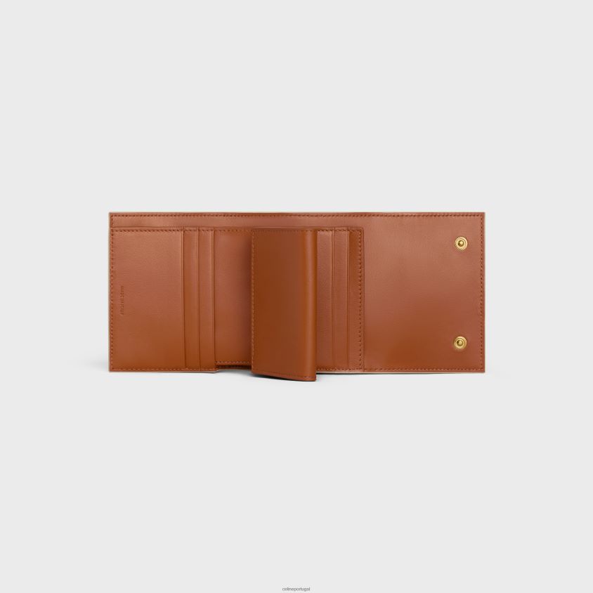 mulheres acessórios CELINE carteira pequena com três dobras em lona triomphe e pele de cordeiro branco/bronzeado T204R484