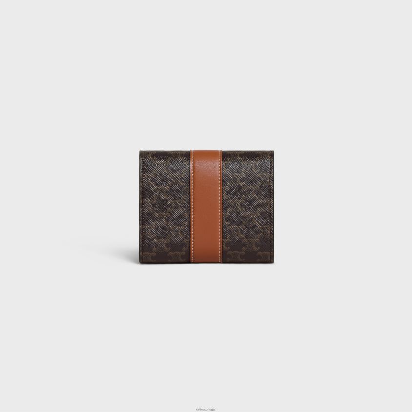 mulheres acessórios CELINE carteira pequena com três dobras em lona triomphe e pele de cordeiro bronzeado T204R483