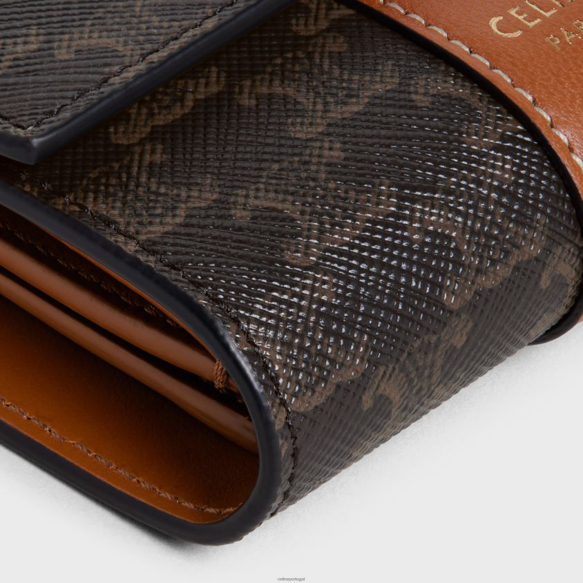 mulheres acessórios CELINE carteira pequena com três dobras em lona triomphe e pele de cordeiro bronzeado T204R483