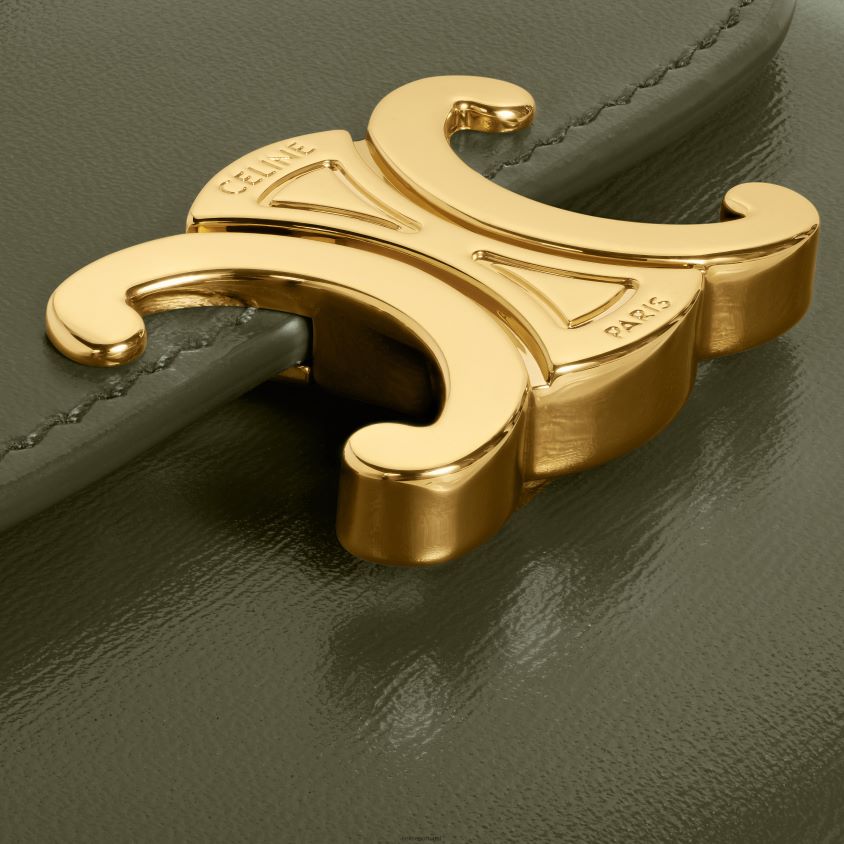 mulheres acessórios CELINE carteira pequena triomphe em couro de bezerro brilhante azeitona escura T204R399