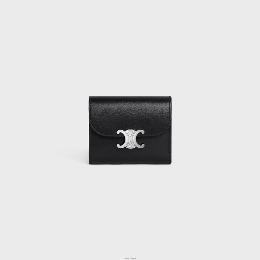 mulheres acessórios CELINE carteira pequena triomphe em couro de bezerro brilhante preto T204R452