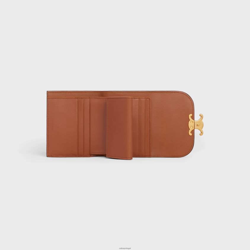 mulheres acessórios CELINE carteira pequena triomphe em pele de cordeiro lisa e brilhante bronzeado T204R455