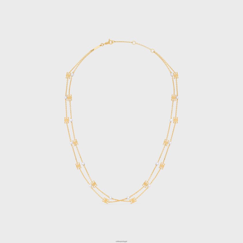 mulheres acessórios CELINE Colar duplo de pérolas triomphe em latão com acabamento dourado e pérolas de resina ouro/marfim T204R1281