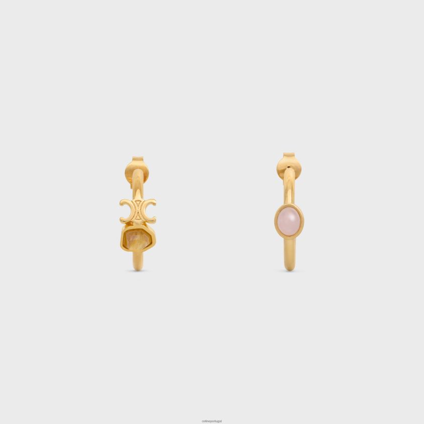 mulheres acessórios CELINE argolas triomphe indie em latão com acabamento dourado, quartzo rutilado e quartzo rosa ouro/quartzo rutilo/rosa qu T204R1288