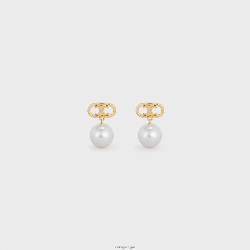mulheres acessórios CELINE brincos de pérola triomphe em latão com acabamento dourado e pérolas de vidro ouro/marfim T204R1272