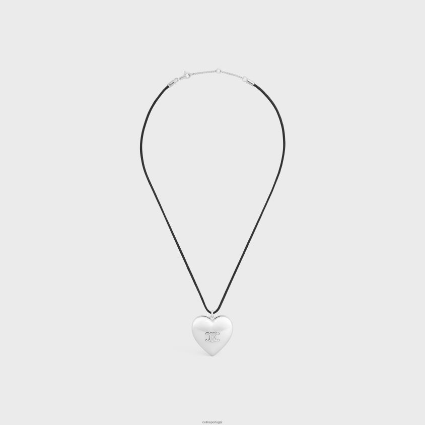 mulheres acessórios CELINE colar coeur triomphe em latão com acabamento em ródio e algodão prata/preto T204R1256