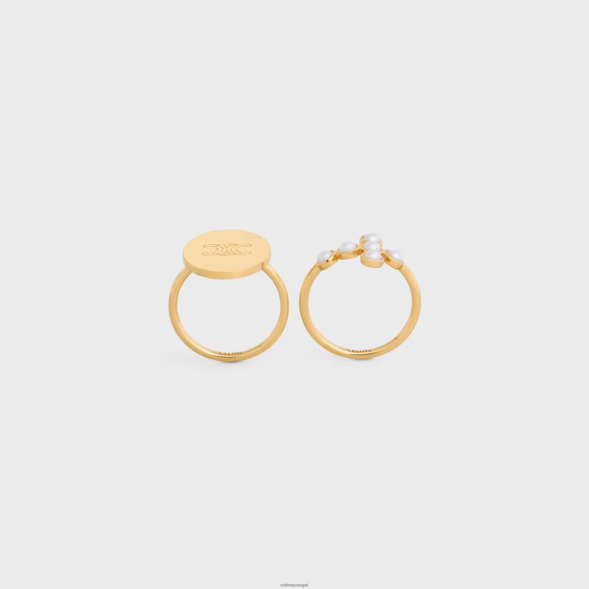 mulheres acessórios CELINE conjunto folk triomphe de 2 anéis em latão com acabamento dourado e pérolas de resina ouro/marfim T204R1377