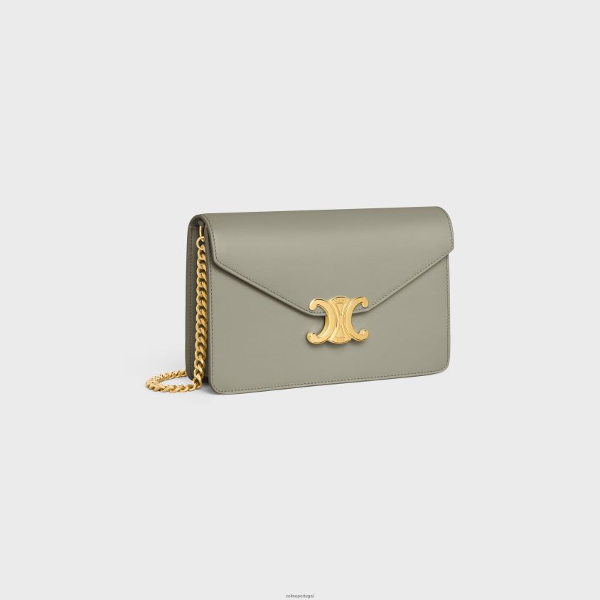 mulheres acessórios CELINE carteira com corrente margo em couro de bezerro brilhante Argila verde T204R349