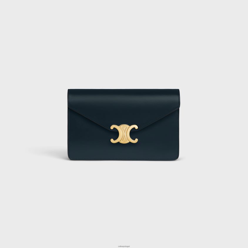 mulheres acessórios CELINE carteira com corrente margo em couro de bezerro brilhante azul-marinho T204R314