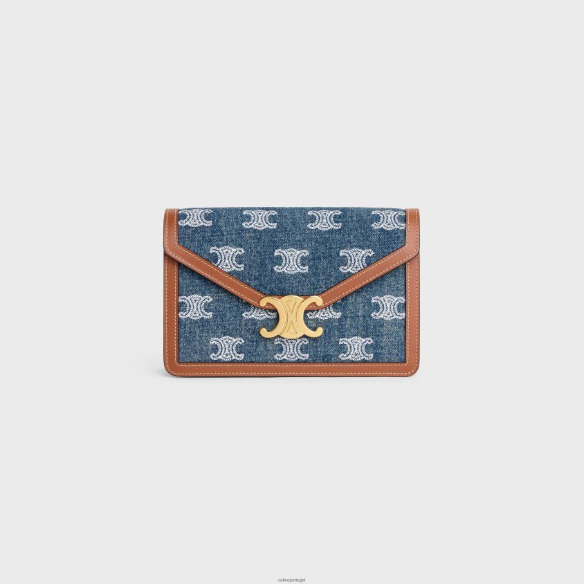 mulheres acessórios CELINE carteira com corrente margo em jeans com bordado triomphe e couro de bezerro marinho/bronzeado T204R358