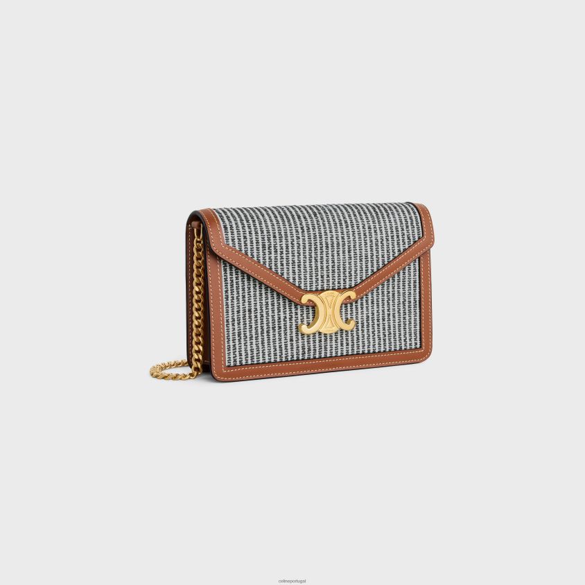 mulheres acessórios CELINE carteira com corrente margo em tecido listrado e couro de bezerro antracite T204R357