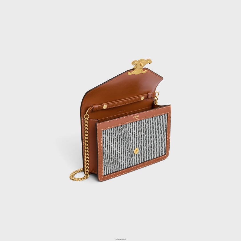 mulheres acessórios CELINE carteira com corrente margo em tecido listrado e couro de bezerro antracite T204R357