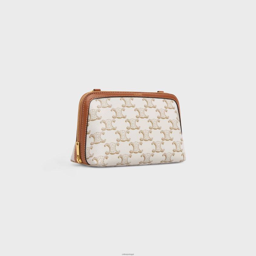 mulheres acessórios CELINE clutch com corrente em lona triomphe e pele de cordeiro branco/bronzeado T204R386