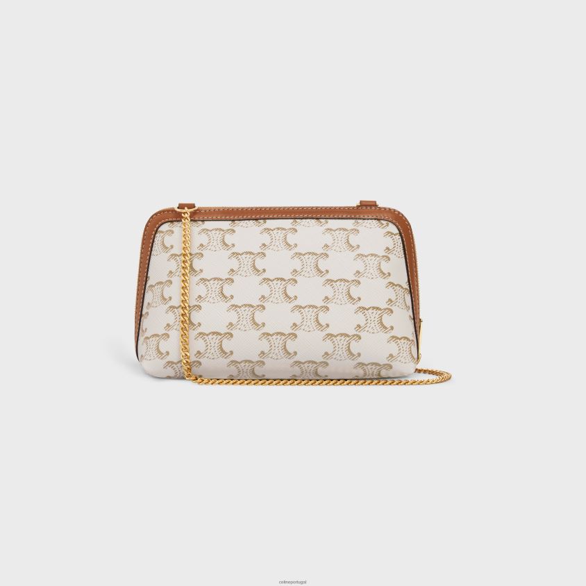 mulheres acessórios CELINE clutch com corrente em lona triomphe e pele de cordeiro branco/bronzeado T204R386
