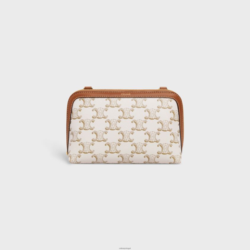 mulheres acessórios CELINE clutch com corrente em lona triomphe e pele de cordeiro branco/bronzeado T204R386