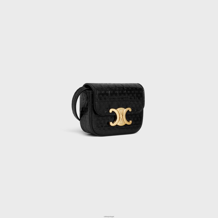 mulheres acessórios CELINE mini claude em couro de bezerro efeito croco triomphe em relevo preto T204R311