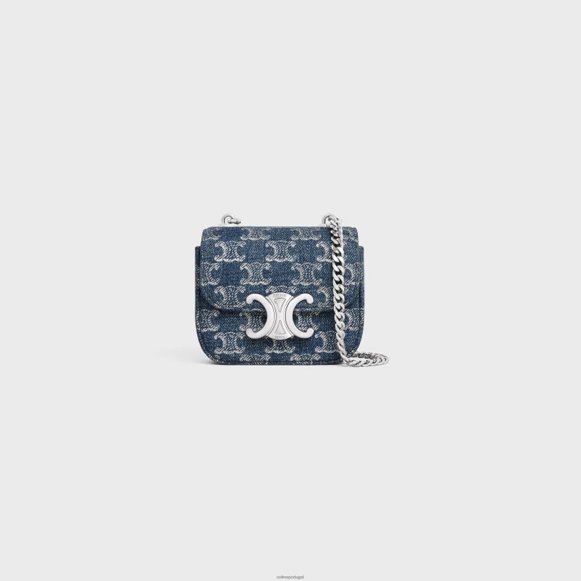 mulheres acessórios CELINE mini corrente Claude em jeans com triomphe por toda parte jeans/prata T204R334