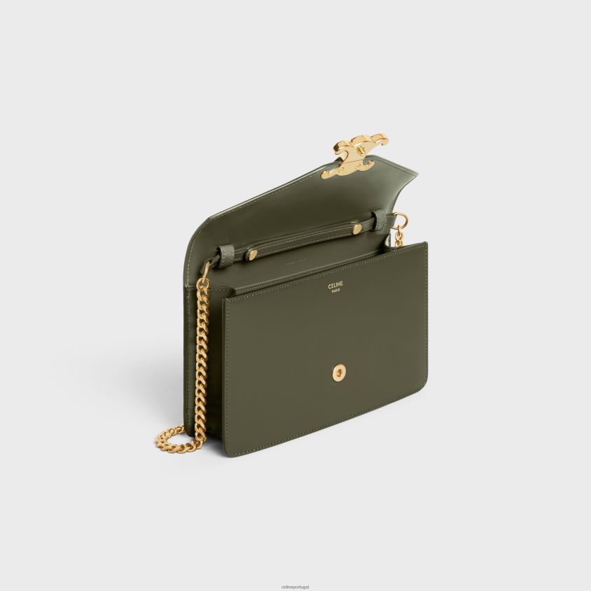 mulheres acessórios CELINE carteira com corrente margo em couro de bezerro brilhante azeitona escura T204R307