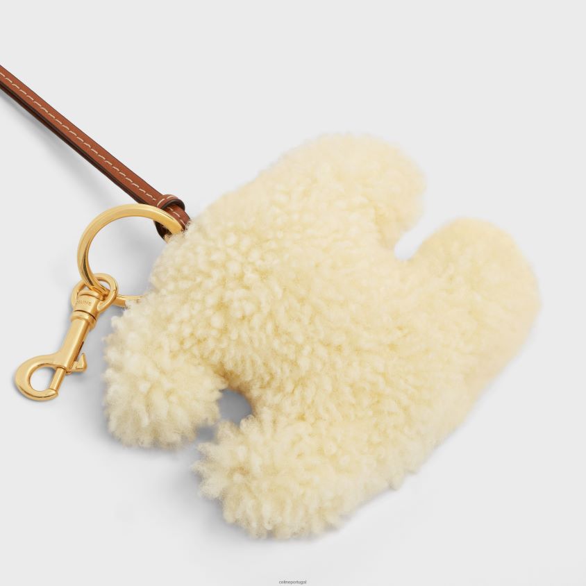 mulheres acessórios CELINE Chaveiro triomphe pom-pom em pele de bezerro lisa e shearling com acabamento dourado natural/bronzeado T204R438