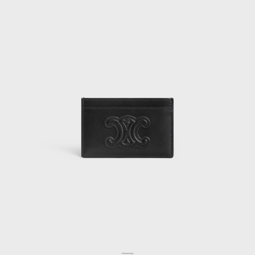 mulheres acessórios CELINE porta-cartões cuir triomphe em couro de bezerro brilhante preto T204R429