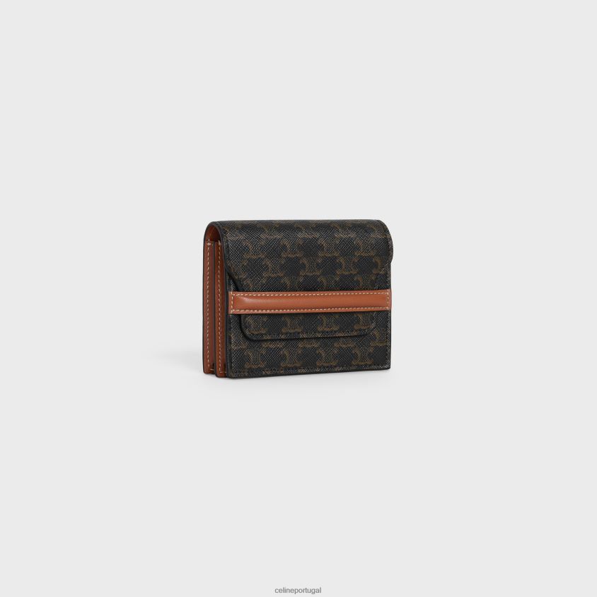 mulheres acessórios CELINE porta-cartões de visita em lona triomphe e pele de cordeiro bronzeado T204R501