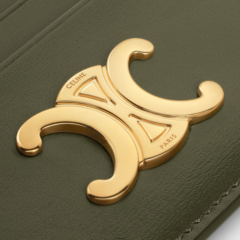 mulheres acessórios CELINE porta-cartões triomphe em couro de bezerro brilhante azeitona escura T204R401