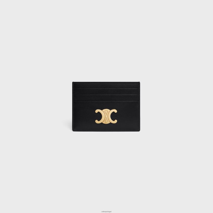 mulheres acessórios CELINE porta-cartões triomphe em couro de bezerro brilhante preto T204R486