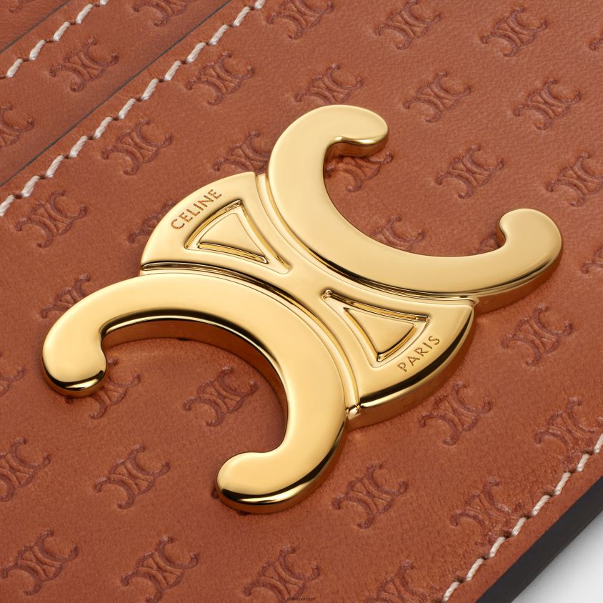 mulheres acessórios CELINE porta-cartões triomphe em couro de bezerro natural com relevo bronzeado T204R418