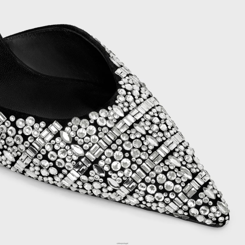 mulheres calçados CELINE scarpin gatinho com alça em camurça de cabra com strass e couro de bezerro preto/cristal T204R982