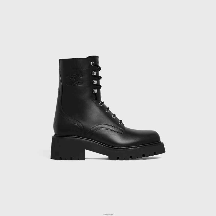 mulheres calçados CELINE bota Triomphe Rangers com cadarço médio em pele de boi brilhante preto T204R925