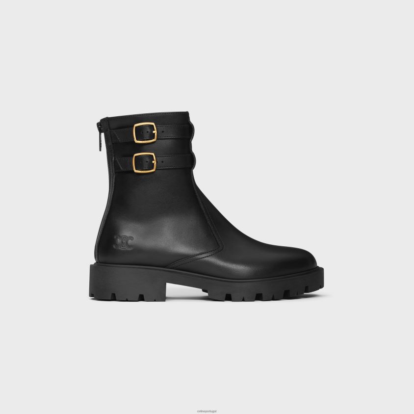 mulheres calçados CELINE bota margaret com zíper e fivela dupla em couro de bezerro preto T204R952