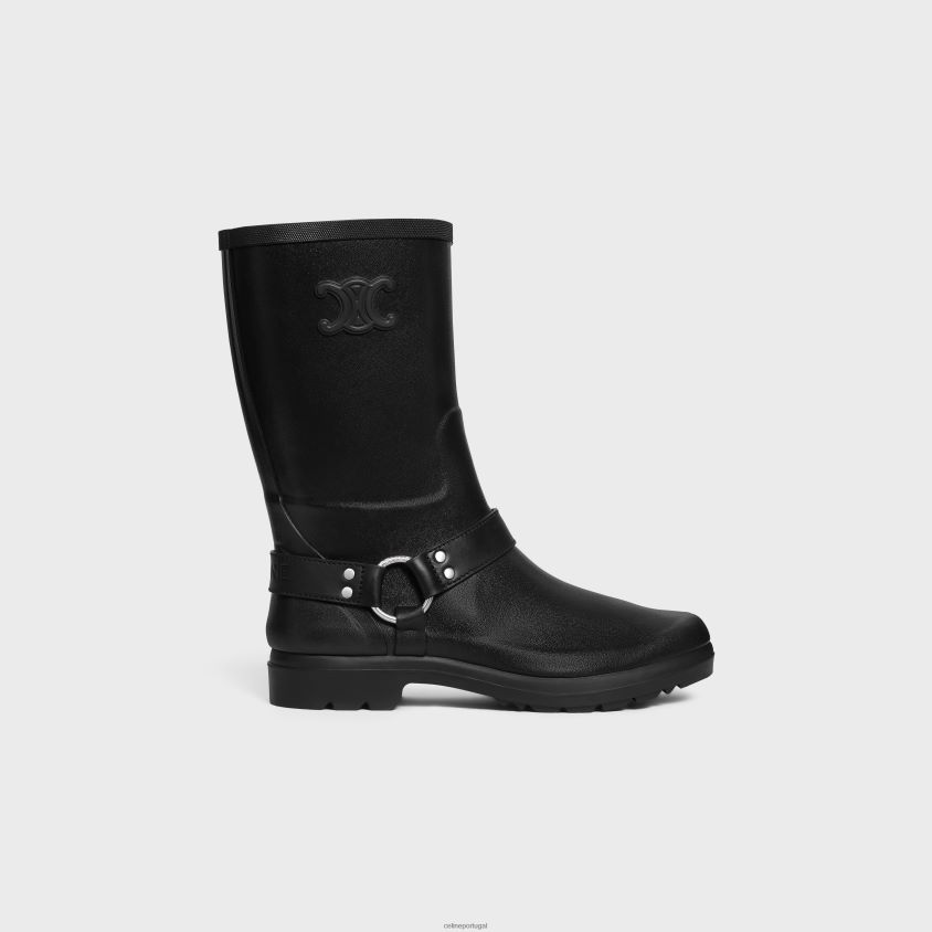 mulheres calçados CELINE botas de chuva média em borracha e couro de bezerro preto T204R930