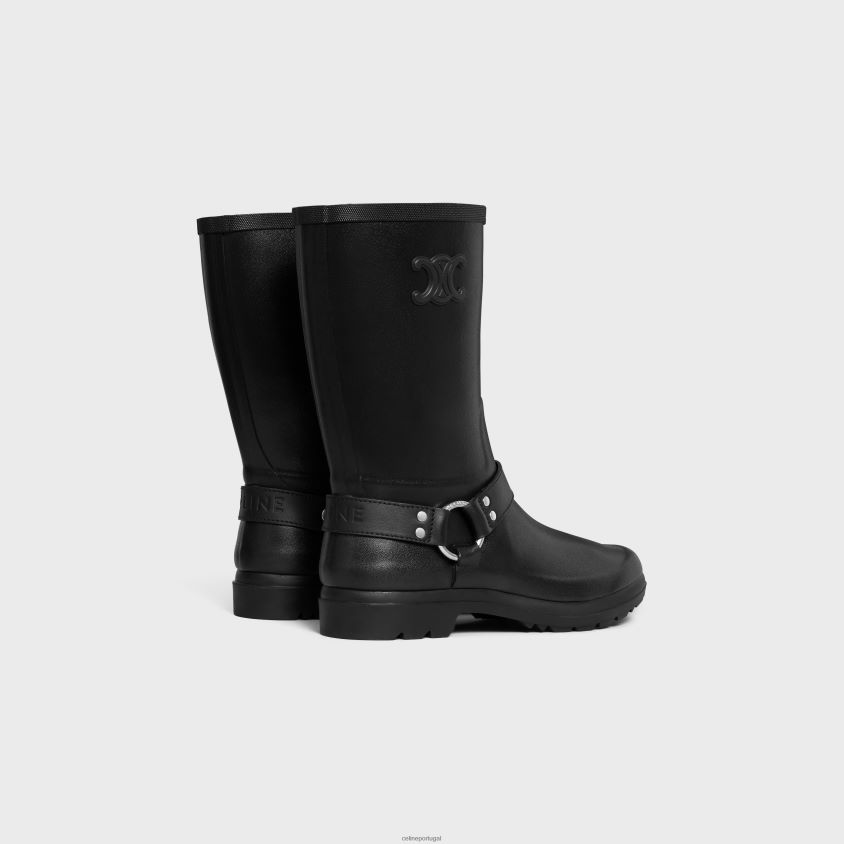 mulheres calçados CELINE botas de chuva média em borracha e couro de bezerro preto T204R930